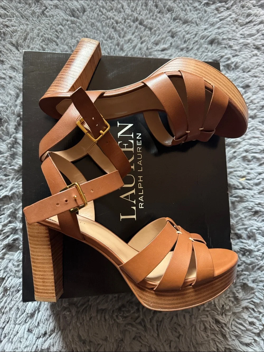 Lauren Ralph Lauren Soffia Tan Leather Strappy Block Heel Sandals Size 9